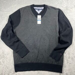 Tommy Hilfiger‎ Mens XL V-Neck Herringbone Cotton Sweater Black Gray 0951223 NWT